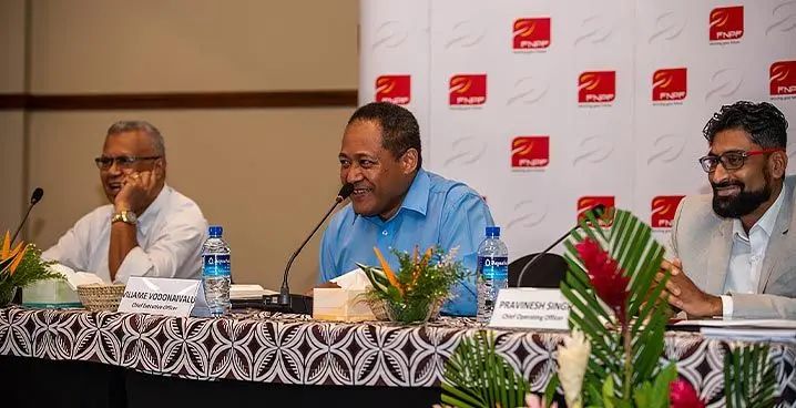 From left: Fiji National Provident Fund general manager member services Alipate Waqairawai, chief executive officer Villiame Vodonaivalu and chief operating officer Pravinesh Singh during the annual member forum at the Grand Pacific Hotel on January 24, 2023. Photo: Leon Lord.