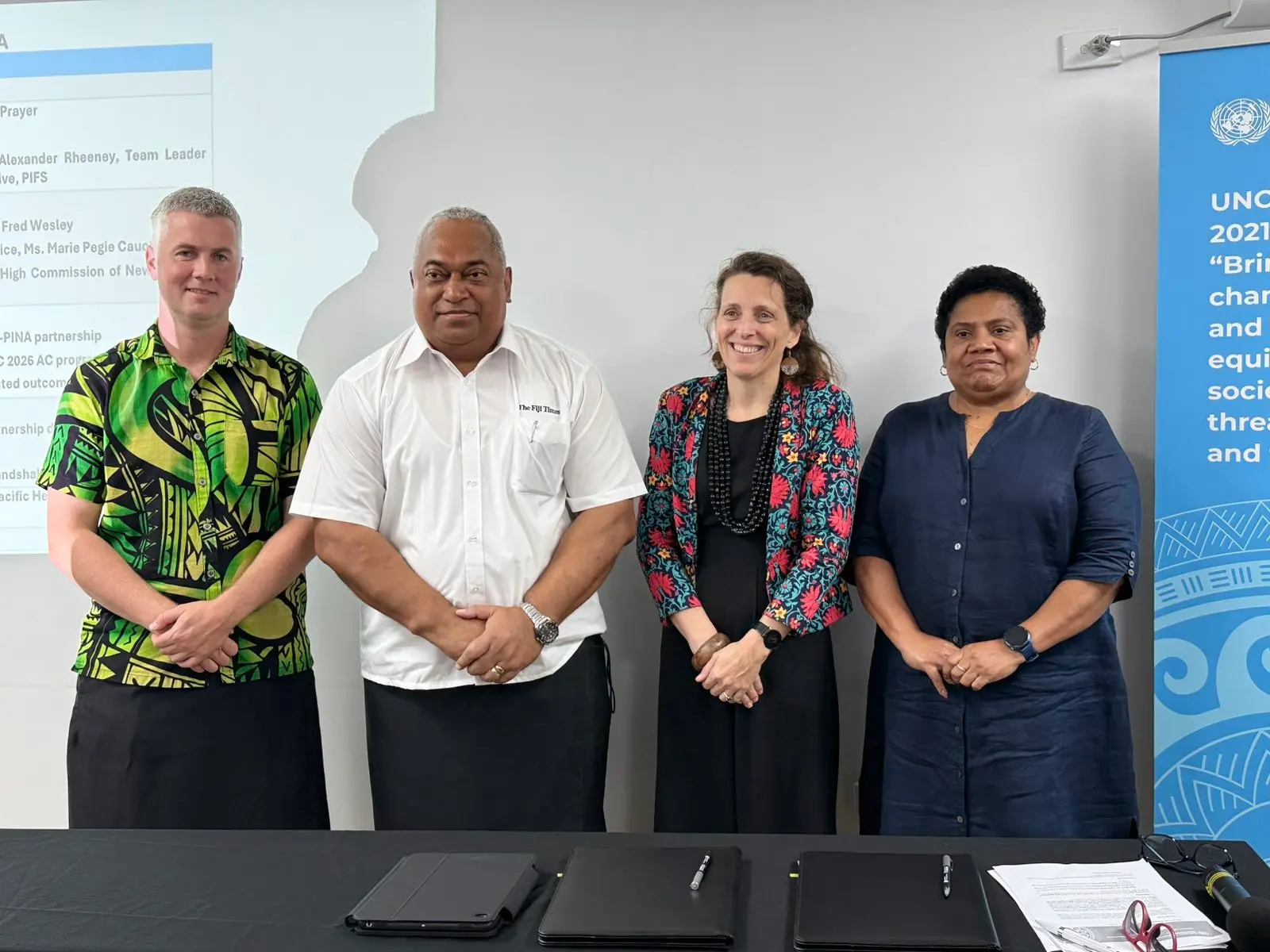 (from left) H.E. Mr. Greg Andrews, high commissioner of New Zealand, Mr. Fred Wesley, PINA board member, Ms. Marie Pegie Cauchois, head of office, UNODC pacific, Ms. Makereta Komai pacific islands News association managing editor.