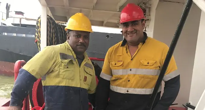 Elijah Antonio (right), and Josua Kurutitoka inside the Tahiti Tanui at Port Mua-i-Walu, Suva on February 12, 2018. Photo: Taraivini Seru