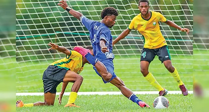 Fiji Under-19 midfielder Eparama Moraica lines-up a shot against Vanuatu in the OFC U19 Championship clash in Apia, Samoa, on July 11, 2024. Photo: OFC Media