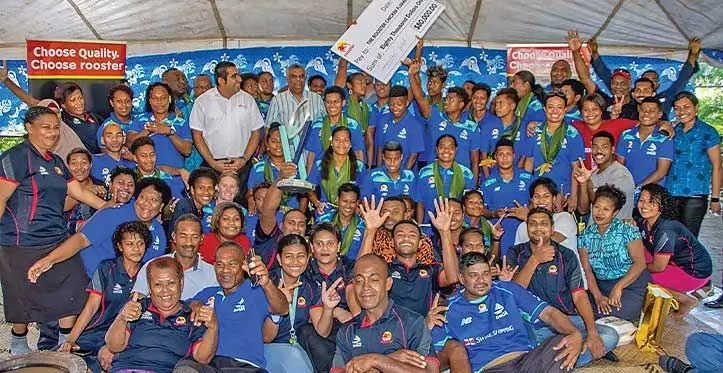 Future Farms Private Limited (trading as Rooster Poultry) chief executive officer Stanley Raniga with company staff and the Fijiana Drua players along with the officials at Navau in Ba on May 11, 2023. Photo: Salote Qalubau