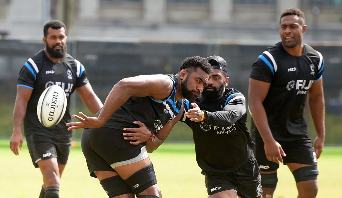 Tevita Cavubati and Nikola Matawalu during Fiji Airways Flying Fijian Captains runs at Albert Park on August 9, 2019. Photo: Ronald Kumar.