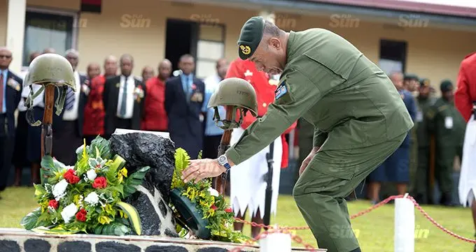 RFMF Commander, Major-General Jone Kalouniwai while laying the wreath to mark the 2000 mutiny at QEB on 2, November 2021. Photo: Ronald Kumar.