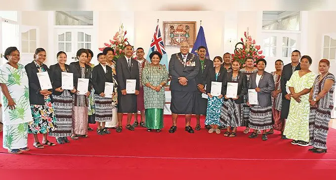 President Ratu Wiliame Katonivere and First Lady Adi Filomena Katonivere with recipients of the Duke of Edinburgh’s Award and their family members at the State House on May 15, 2024. Photo: Ronald Kumar