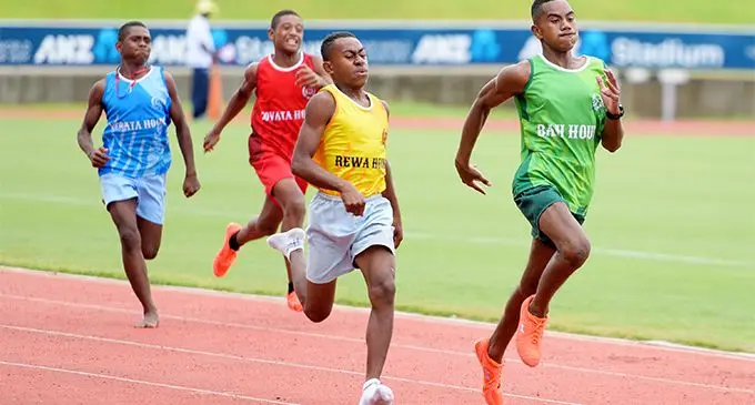 Queens Victoria School junior boys 400meters final inter-house action at ANZ Stadium on February 15, 2019. Photo: Ronald Kumar.