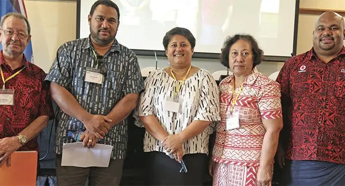 From left: Fiji National Sports Commission executive chairman Peter Mazey, FIJI Water director stakeholder relations Geoffrey Smith, Fiji Sports Council chief executive officer Litiana Loabuka, Luisa Fini- asi and Vodafone Fiji manager sponsorship Adriu Vakarau during the 2019 Annual National Sports Organisation conference in Suva on March 9, 2019. Photo: Simione Haravanua