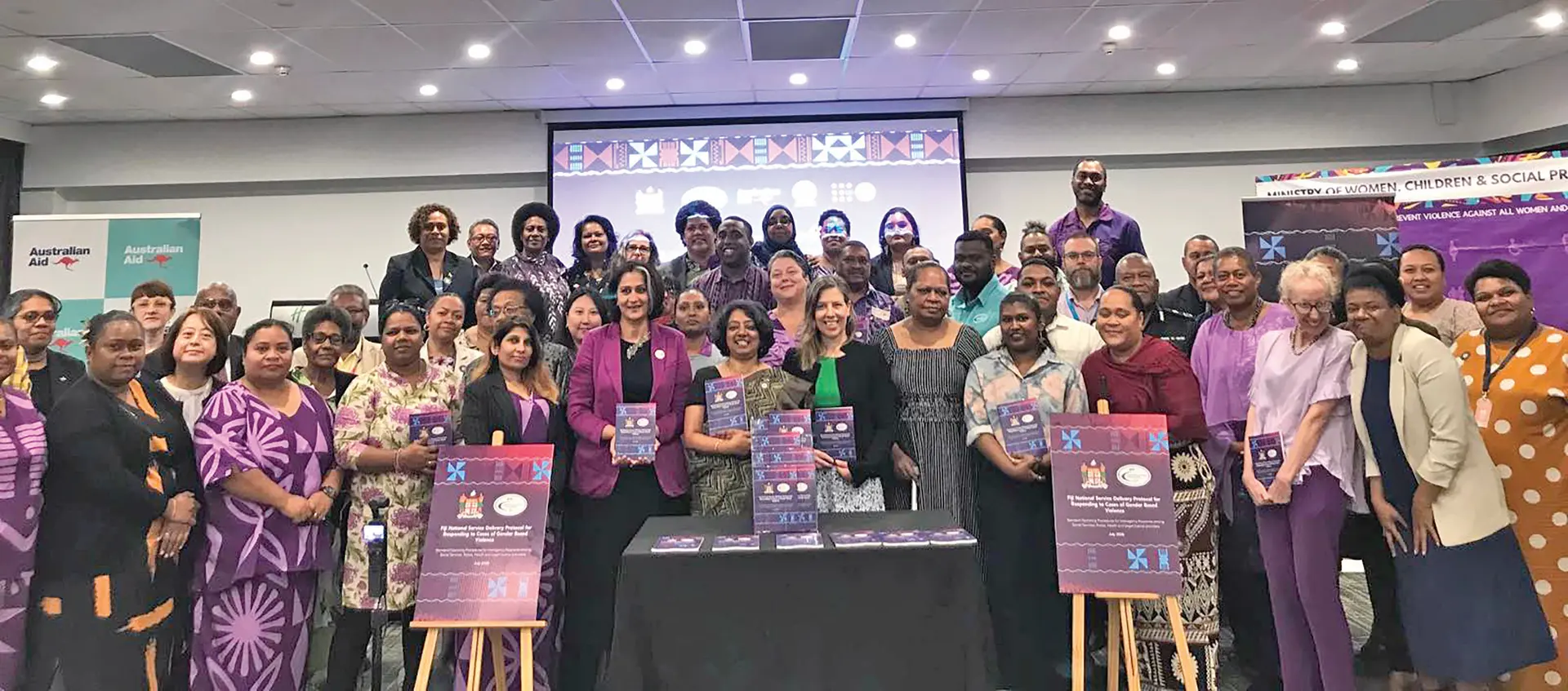 Standing sixth from left (front row) : UNFPA director and representative Bidisha Pillai, Minister for Women, Children and Social Protection Sashi Kiran, Australian High Commission Counsellor for Human Development Emma Cammack, during the launch of the Revised Fiji National Service Delivery Protocol For Responding To Cases Of Gender Based Violence at Holiday Inn in Suva on July 15, 2026.