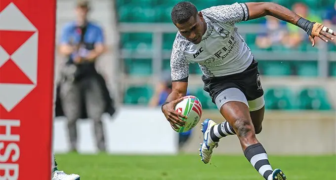 Fiji Airways Fijian 7s rep Aminiasi Tuimaba scores one of his two tries against Kenya on May 25, 2019, during Pool play at the London 7s. Photo: Ian Muir