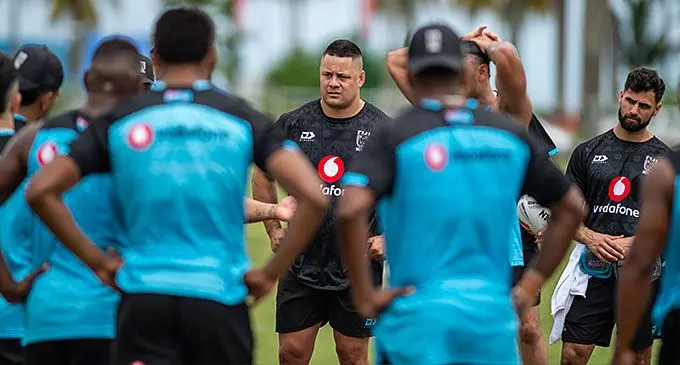 Jarryd Hayne with the Fiji Bati squad during their first training session at Albert Park, Suva on October 14, 2024. Photo: Leon Lord
