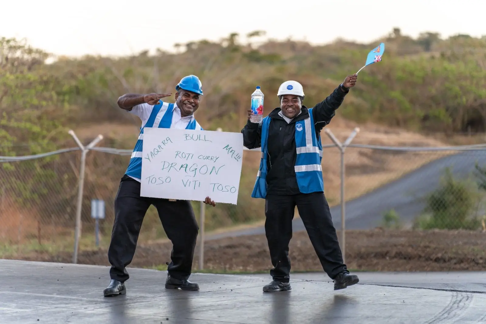 Viliame Tamani and Kelepi Tamani, having fun at the dedicated FIJI Water Fan Zone at the FIJI Water hosted the Rugby World Cup Watch Party this morning at the Yaqara bottling plant, where Water production was paused, so all employees could gather to enjoy breakfast and watch the exhilarating match.