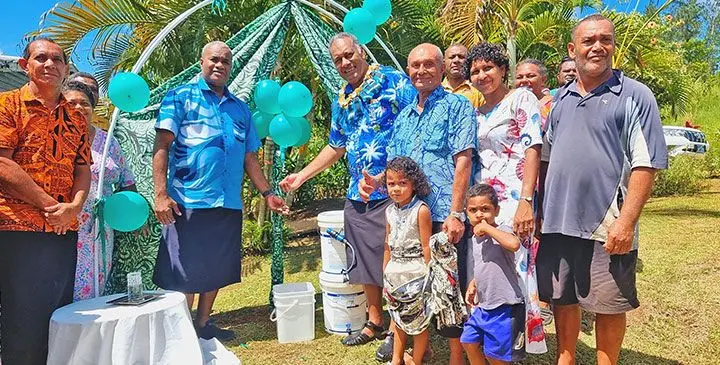 Minister for Rural, Maritime Development and Disaster Management, Sakiasi Ditoka (garland), with residents at the Matakitu Estate, Dreketi, during the water project commissioning at Matakitu, Dreketi on February 28, 2025. Photo: Sampras Anand