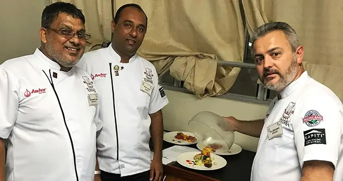 From left: Fiji Chefs Association Culinary Director, Mohammed Frauk, Fiji Chefs Association president, Nilesh Chand and World Chefs Continental Director Pacific Rim, Neil Abrahams during the second day of the Fiji Chefs National Salon Culinaire Competition at the Fiji National University, Namaka Campus in Nadi on October 23, 2019