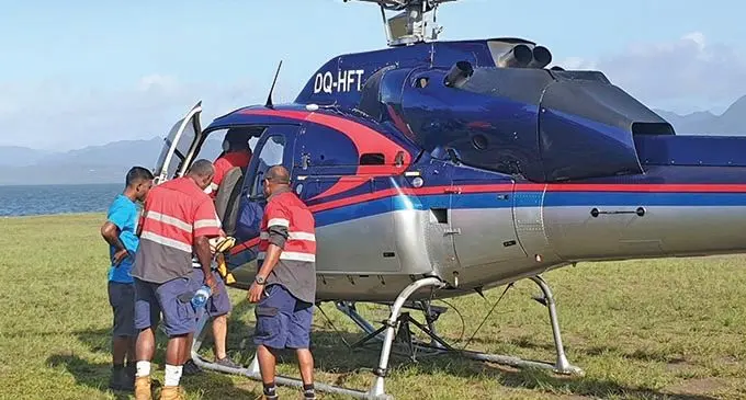 Vodafone network restoration team takes off on an early morning charter chopper flight from Suva enroute to parts of Vanua Levu inaccessible by road to continue network restoration work. Photo:Vodafone Fiji