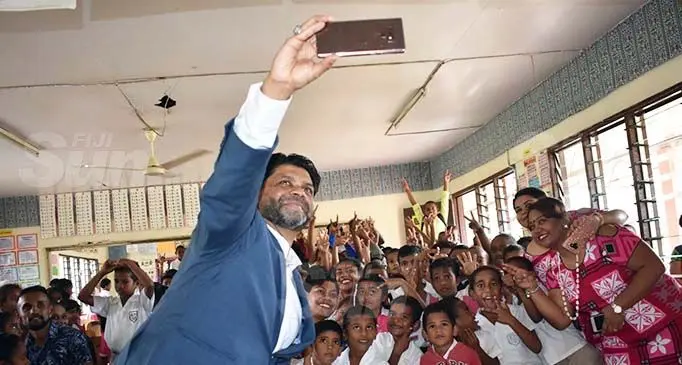 Attorney-General and Minister for Economy Aiyaz Sayed-Khaiyum with students and teachers of Kulukulu Public School on September 10, 2020. Photo: Mereleki Nai
