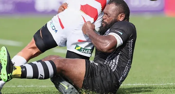 Flying Fijians centre Lepani Botia tackles a player in the  Pacific Nations Cup match against Japan at the Kamaisihi Recovery Memorial Stadium in the Iwate Prefecture, Japan on July 27, 2019. Photo: Kenji Demura