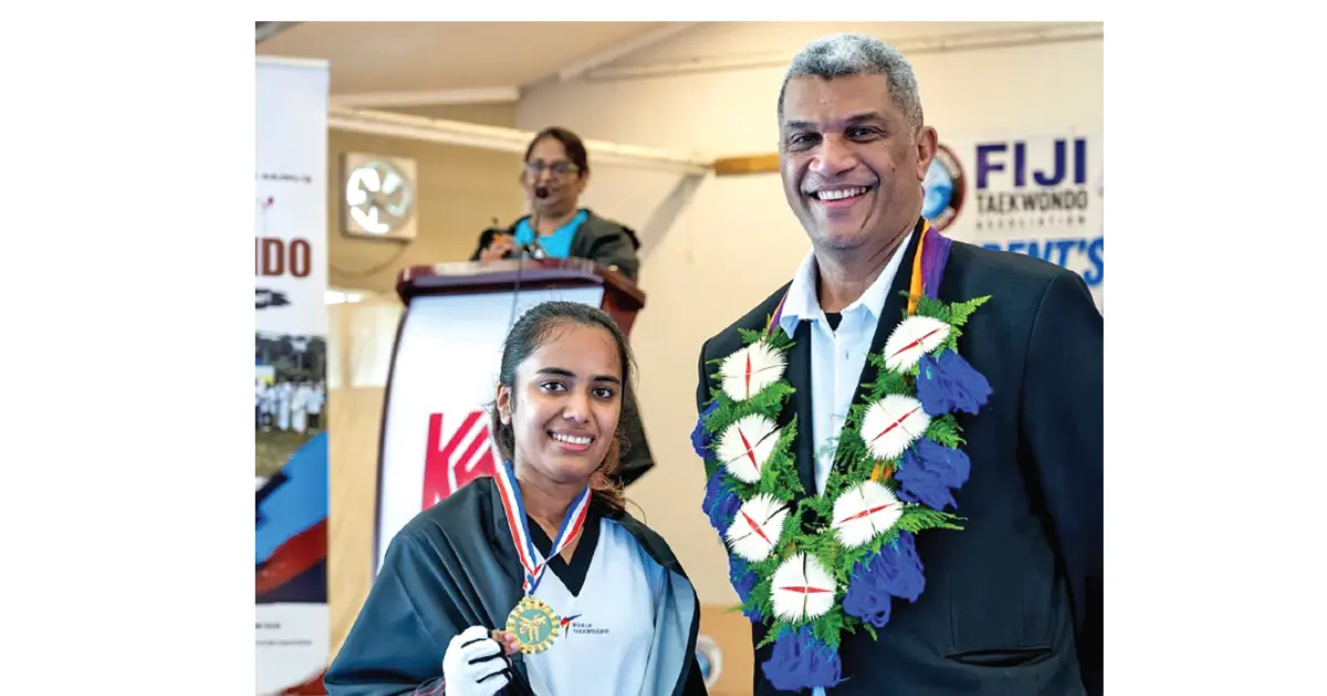 From left: Tanisha Chand and Minister of Education Aseri Radrodro at Kshatriya Hall, Suva, on July 25, 2026. Photo: Taekwondo Fiji