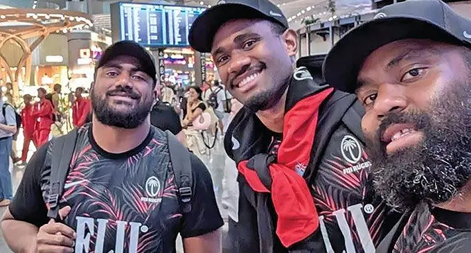 Flying Fijians players (left-right) Mesulame Dolokoto, Vuate Karawalevu and Samuela Tawake at Istanbul Airport in Turkey on July 14, 2024.