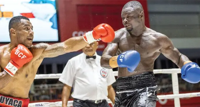 Alifereti Kauyaca and Joseph Kwadjo (right) during their Fiji cruiserweight title fight at the Bluewater Boxing Promotion programme on March 2, 2024. Photo: Leon Lord