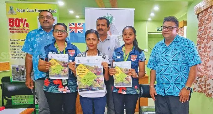 From left: Divisional Agricultural Officer Northern Division, Sandeep Sharma, Sugarcane Growers Fund Labasa office Loans Assistants, Ashiana Bi, Finau Rokotiga, Fiji Sugar Cooperation Labasa Sugar mill Harvesting and Transport Manager, Rajnesh Narayan, Ranita Shivanji and SCGFchief executive officer, Raj Sharma in Labasa on October 6, 2022. Photo: Sampras Anand.