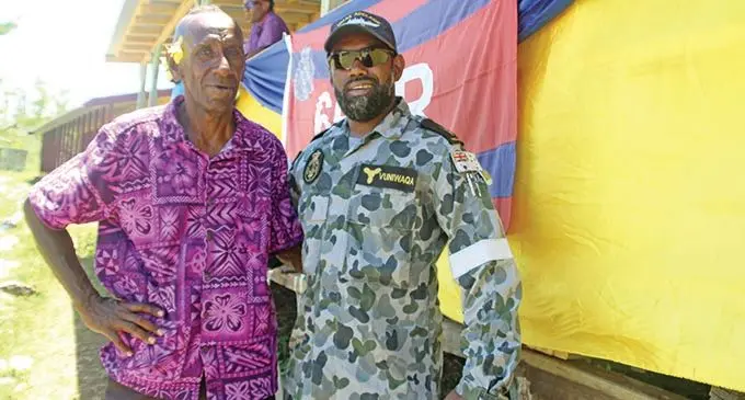 Galoa villager Mosese Ramototabua and Able Seaman Koloba Vuniwaqa outside Galoa Island Primary School on January 18, 2021. Photo: Jennis Naidu 