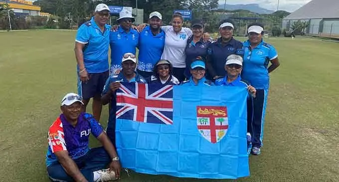 Team Fiji lawn bowl manager Astral Smith (standing fourth from left) and members of the team for the Commonwealth Games at the Lautoka Golf Club on June 28, 2022. Photo: Team Fiji Lawn Bowl.