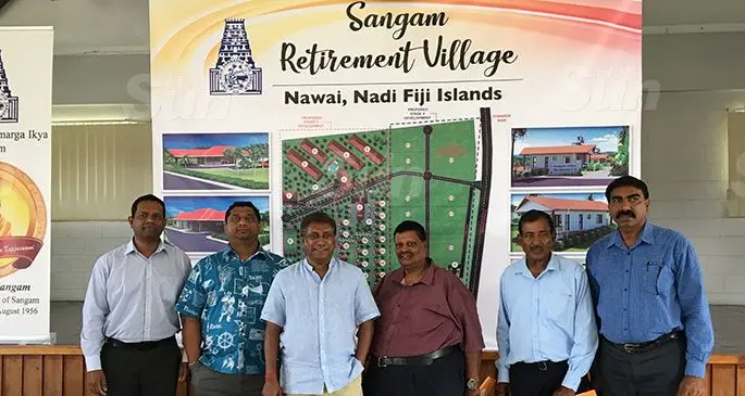 From left: TISI Sangam Fiji Foundation board members Sharrek Naidu and Himen Chandra, Project architect Jack Reddy, TISI Sangam Fiji Foundation president Sadasivan Naicker, treasurer Som Padayachi, TISI Sangam Fiji chief executive officer, Jai Narayan during the launch of the TISI Sangam Fiji Foundation retirement villa project on December 5, 2019. Photo: Renu Radhika