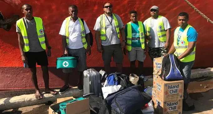 Fiji Red Cross officials ready to board MV Iloilovatu bound for Ono-i-Lau and Vatoa, in Lau on February 18, 2018. Photo: Nacanieli Tuilevuka