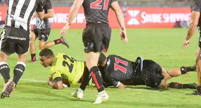 Fijian Latui replacement centre Apisalome Vota scores a try against China Lions during their Global Rapid Rugby opener at the ANZ Stadium, Suva on March 14, 2020. Photo: Ronald Kumar