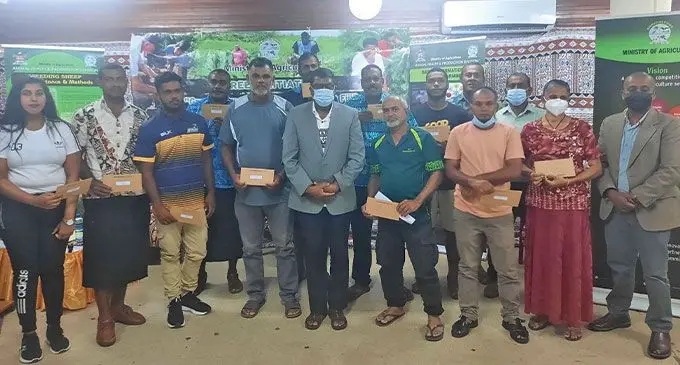 Minister for Agriculture Mahendra Reddy with Central Division livestock farmers who were recipients of fencing kits at the Ratu Cakobau House in Nausori on March 21, 2022.