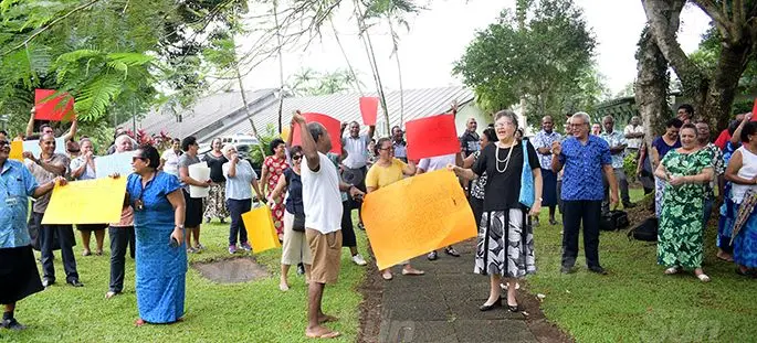 University of South Pacific protesting staff with their plycard at USP on June 8, 2020. Photo: Ronald Kumar.