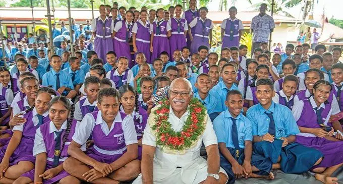 Prime Minister Sitiveni Rabuka with students of Dilkusha Methodist High School during the inauguration of the new double-storey school wing in Nausori on February 10, 2023. Photo: Leon Lord