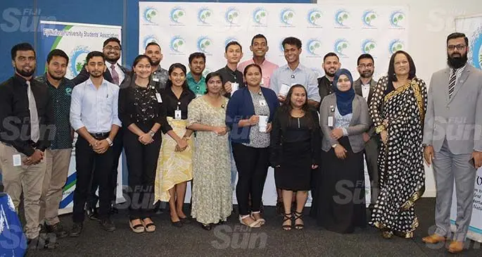 Minister for Education Rosy Akbar (second from right) with National University Students Association Council members at the Nasinu Campus on March 31, 2021. Photo: Ronald Kumar
