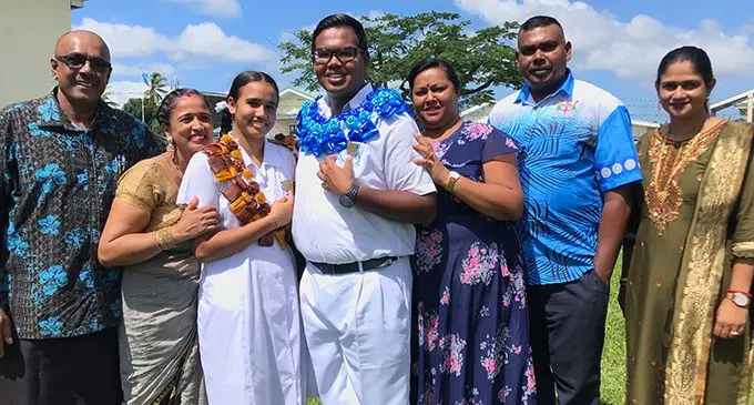 From left: Vikash Sharma, Moreen Lata with her daughter Vanshika Sharma and Akshat Chandra with his parents Anita Devi and Praveen Chandra accompanied by principal Anjalene Raj during the prefect induction at Labasa College in Labasa on March 10, 2023. Photo: Shratika Naidu