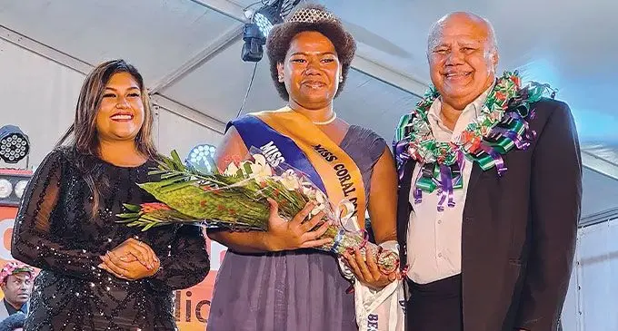 Deputy Prime Minister and Minister for Tourism and Civil Aviation, Viliame Gavoka and newly-crowned queen Bulou Buteiove (left) at Kasabia grounds, Sigatoka, on November 16, 2024.
