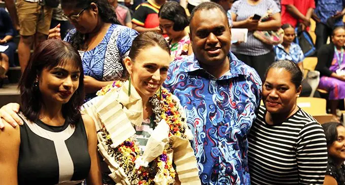 From left: Sylvia Nandani, Prime Minister Jacinda Ardern and Joe Racaca at USP on February 26, 2020.  Photo: Inoke Rabonu