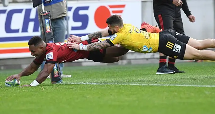 Fijian flyer Sevu Reece got the ball rolling when he scored the opening try for Crusaders in their first Super Rugby Aotearoa game against the Hurricanes at Sky Stadium, Wellington, New Zealand. Photo: SETFORD