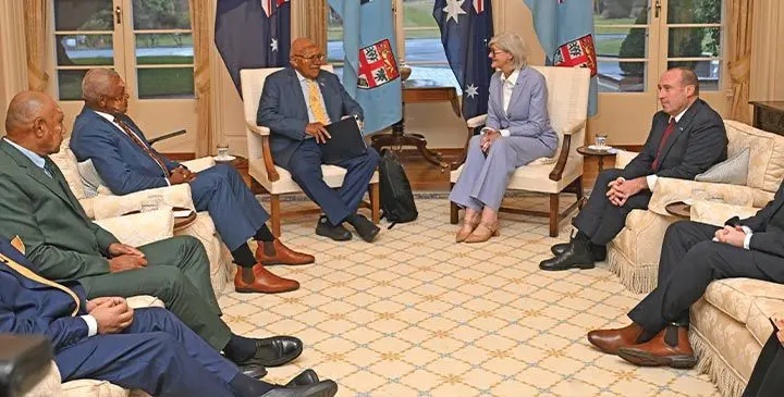 Australian Governor-General Sam Mostyn, with Prime Minister of Fiji Sitiveni Rabuka during a meeting at Government House in Canberra, Australia on July 1, 2025. Photo: AAP Image/Lukas Coch