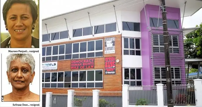 The Fiji Women’s Crisis Centre (FWCC) headquarters in Suva. Photo: Ronald Kumar. Inset: Maureen Penjueli (top) and Sufinaaz Dean.