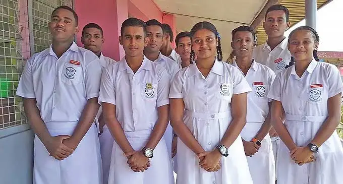 (Front, centre) Seaqaqa Central College head boy Ronish Lal and head girl Naeemah Amele in school on February 27, 2024. Photo: Jone Salusalu