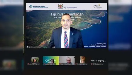 Permanent Secretary for Environment and Climate Change Dr Sivendra Michael (centre) during the virtual endorsement of Fiji’s $27 million Climate Investment Plan with representatives from the World Bank and Climate Investment Funds.