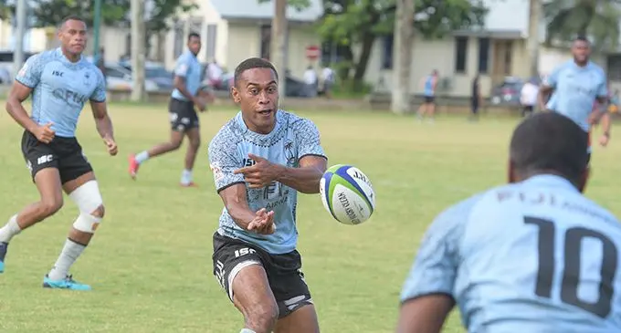 Fiji Airways Fijian 7’s squad member Rusiate Matai (middle) during training at Albert Park in Suva on February 13, 2019. Photo: Ronald Kumar.
