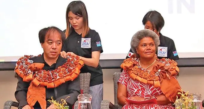 Charges d’ Affaires to the Embassy of Japan in the Republic of Fiji, Tanaka Kenichiro and Assistant Minister for Foreign Affairs, Lenora Qereqeretabua during the 40 year celebration at the Grand Pacific Hotel on October 20, 2023.  