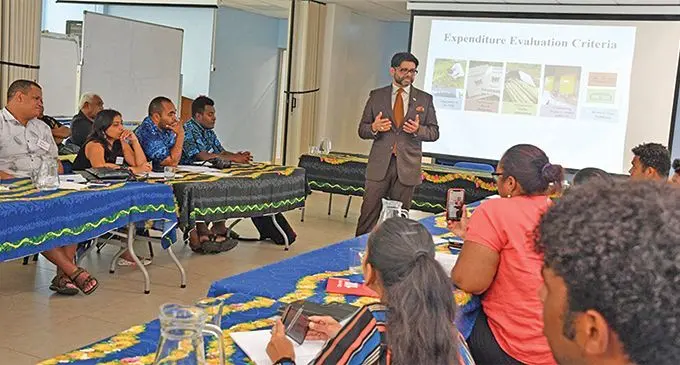 Attorney-General and Minister for Economy Aiyaz Sayed-Khaiyum addressing journalists at a workshop in Suva. Photo: Ronald Kumar
