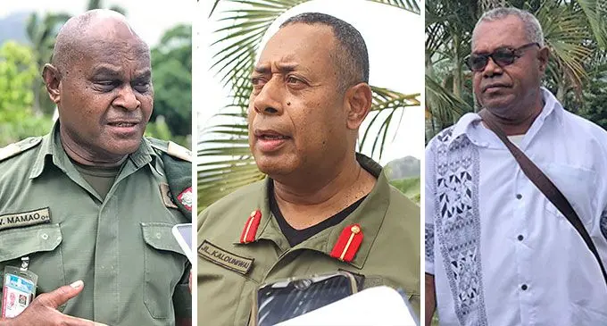 From left: RFMF Northern Division Officer Commanding Major Penasio Mamao, RFMF Commander Brigadier-General Ro Jone Kalouniwai and Rupeni Vosayaco at the Sukanaivalu Barracks in Labasa on June 18, 2024. Photo: Jone Salusalu