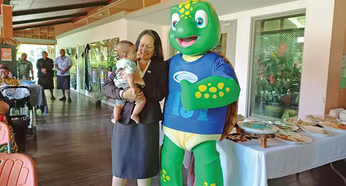 Minister for Women, Children and Poverty Alleviation Rosy Akbar with her grandson and the child helpline mascot, Charlie at its launch in Fiji Museum in Suva on May 27, 2022. Photo: Sheenal Charan