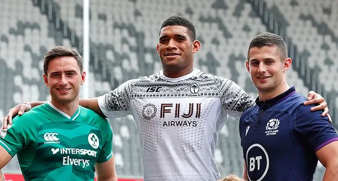 Fiji Airways Fijian 7s captain Meli Derenalagi (middle) with Ireland captain Billy Dardis (left) and Scotlabnd captain Robbie Fergusson in Sydney on January 29, 2020. Photo: World Rugby