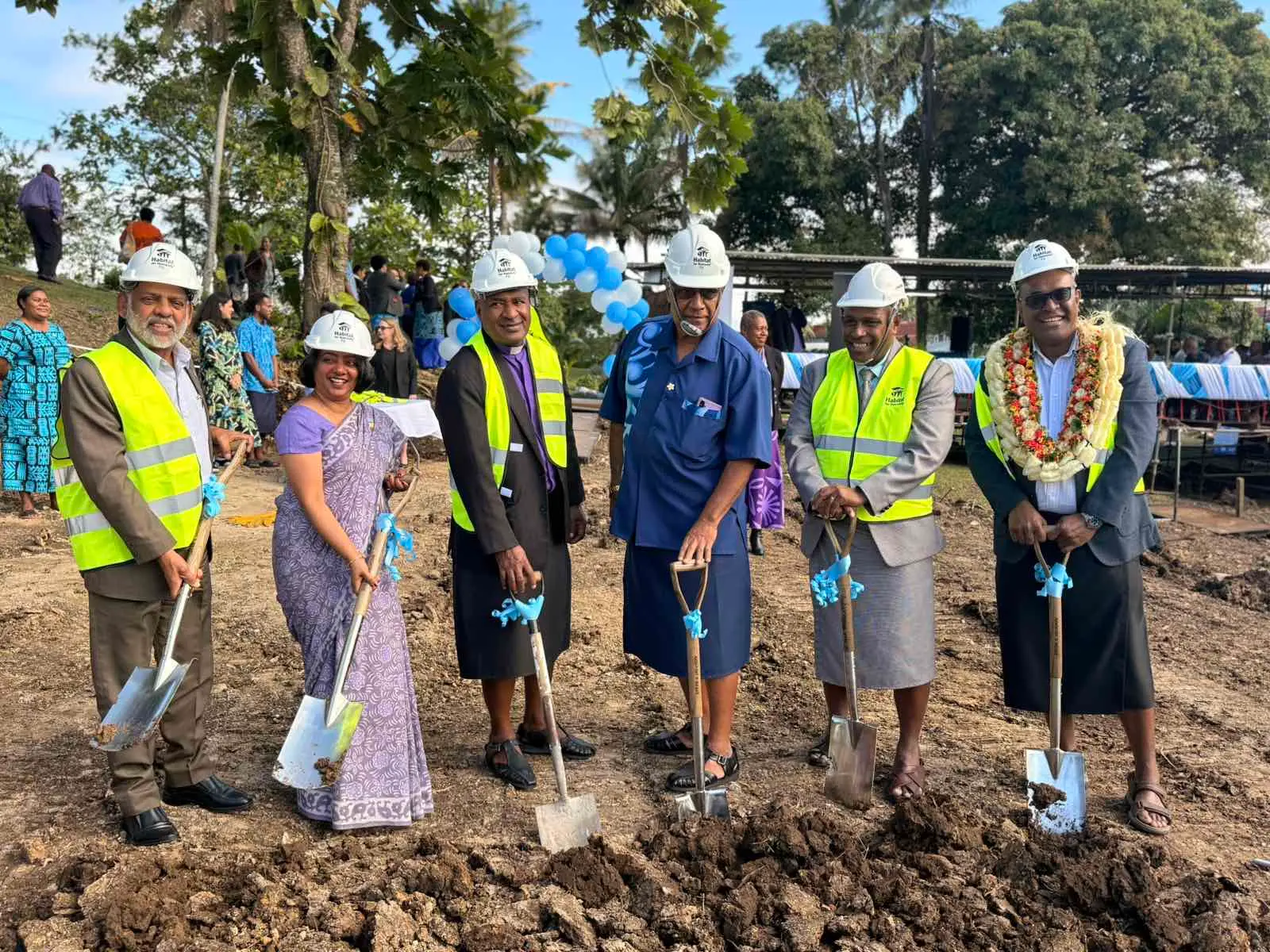 From left, Minister for Employment, Productivity and Industrial Relations Agni Deo Singh, Minister for Women, Children and Social Protection Sashi Kiran, Pastor Samuela Delai, and Tui Suva Ratu Sanaila Madanavosa during the groundbreaking ceremony on July 8, 2026.