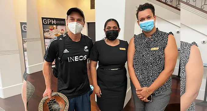 David Ormrod All Blacks Sevens Team Manager with  Doreen Huon and Vanessa Steele at Grand Pacific Hotel in Suva: Photo: Krishnil Prasad