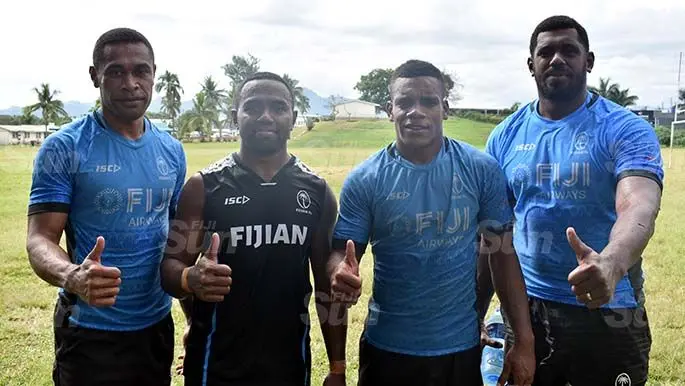 Fiji Airways Fijian 7s players (left-right) Rusiate Matai, Waisea Nacuqu, Napolioni Ratu Bolaca and Kalioni Nasoko take a break from training at Fiji Airports ground in Namaka, Nadi on July 7, 2020. They are going to play for the Yasawa Marlins in their Skipper Cup opener against Nadi on July 25. Photo: Waisea Nasokia