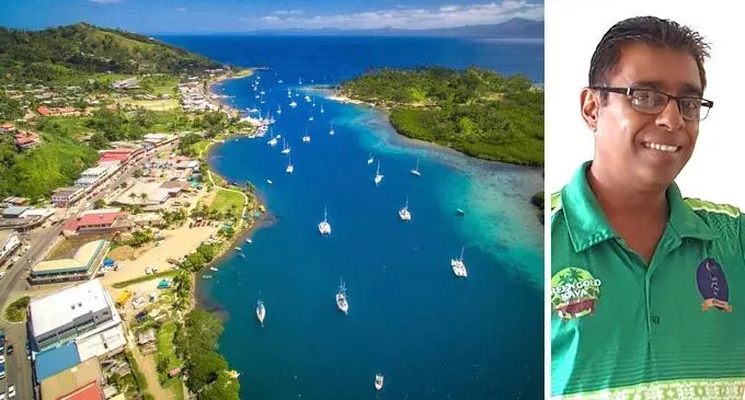 Savusavu town and Praveen Narayan. Savusavu Image Source:  https://www.hotels.com/ho509783/wavi-island-villas-savusavu-fiji/